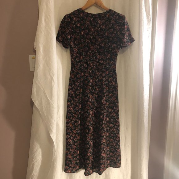 Vintage Black & Orange Floral Midi Dress with Front Slit (Size SP) - Picture 9 of 14